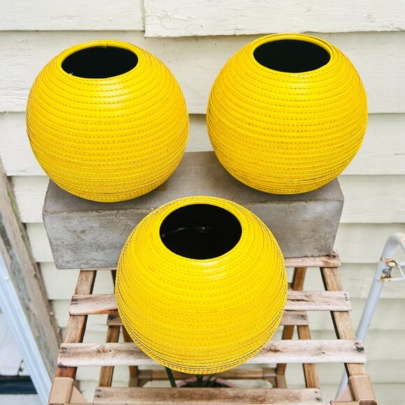 THREE Crate and Barrel Leather Spiral Wrapped Vase 6" Tall/ Wide Mustard Yellow - Picture 3 of 11